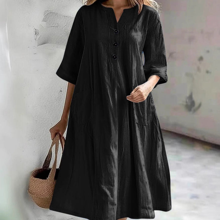 Damen lässiges Baumwollkleid mit Knopfleiste und praktischen Taschen Drune