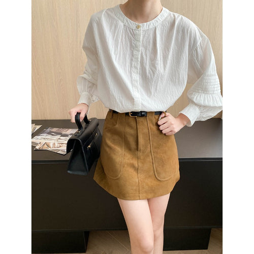 Damen lässige Bluse mit eleganten Puffärmeln und Knopfdetail Drune