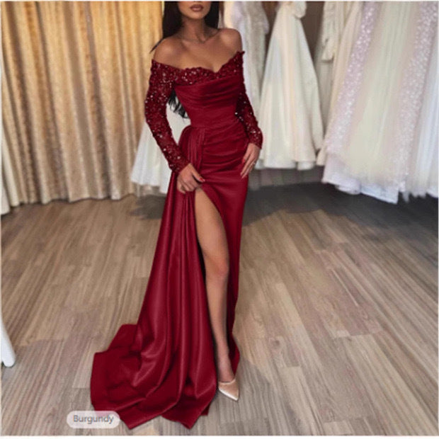 Damen Elegantes Ballkleid mit schimmerndem Oberteil und langen, bestickten Ärmeln Drune