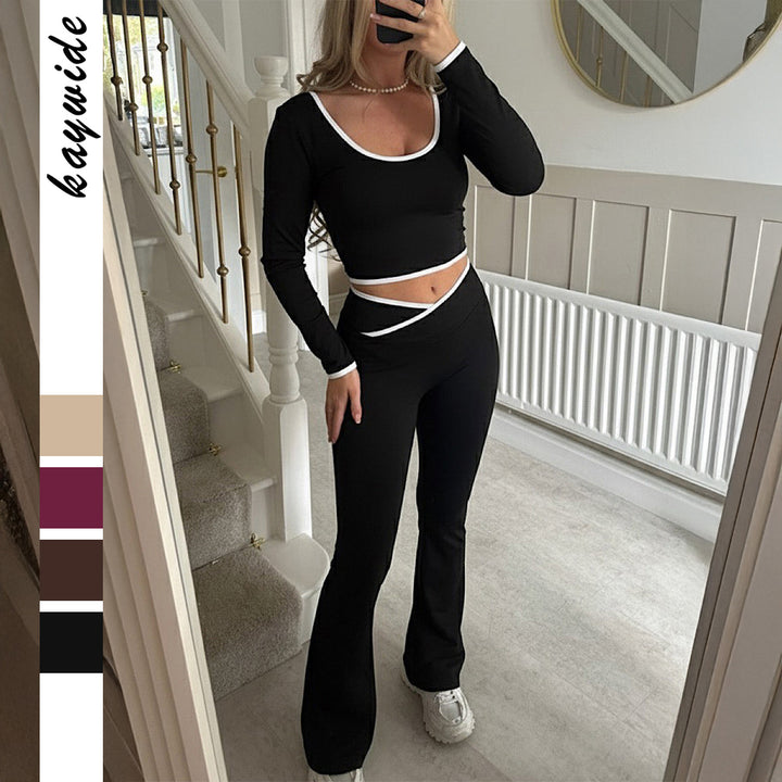 Damen nan figurbetontes Longsleeve-Croptop und ausgestelltes High Waist Schlaghosenset Drune