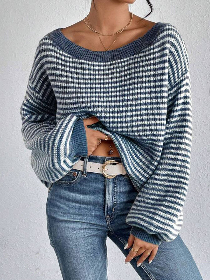 Damen oversized Strickpullover mit V-Ausschnitt und dekorativem Muster Drune