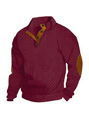 Herren nan Grobgestrickter Pullover mit Ellbogenpatches, Stehkragen und Knopfleiste Drune