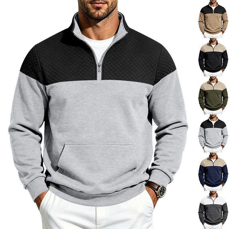 Herren Stehkragen-Sweatshirt mit Halbzip, gesteppter Schulterpasse und Kängurutasche Drune