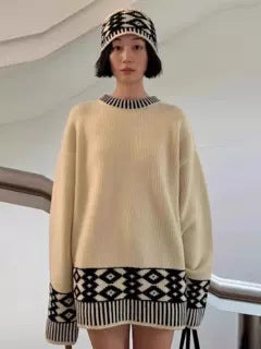 Damen gestrickter Oversize-Pullover mit auffälligem Muster Drune