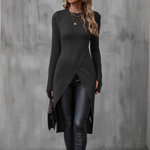 Damen Asymmetrische Langarm-Tunika mit Wickel-Saum Drune