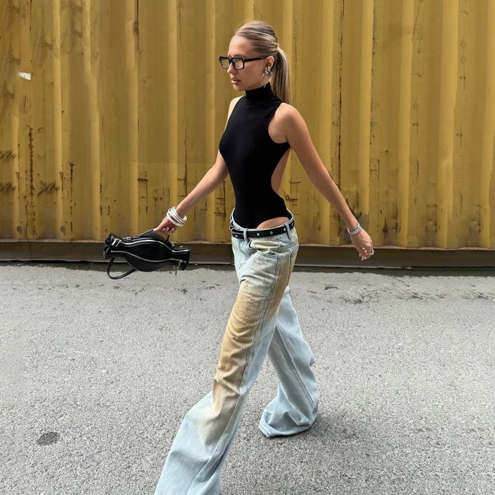 Damen weite Jeans mit einzigartigem Vintage-Waschung Drune