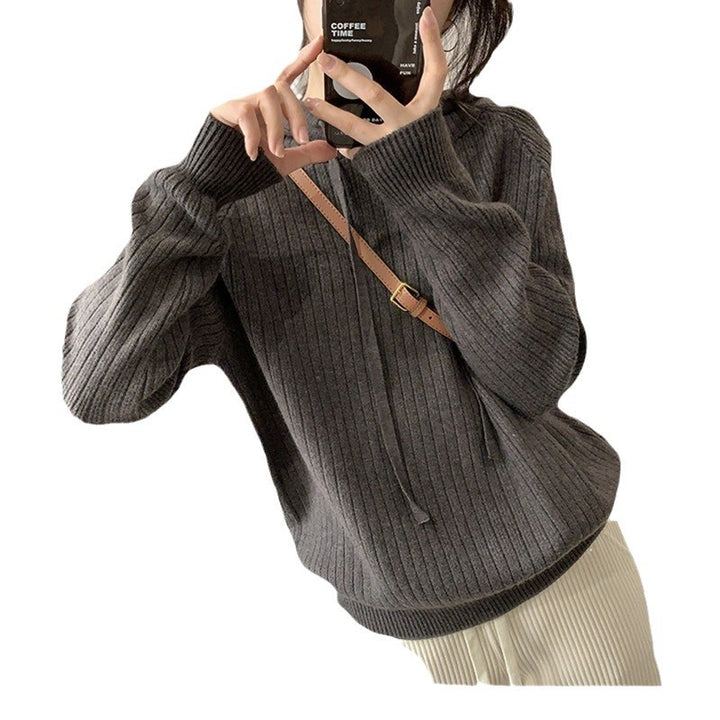 Damen lässiger Strickpullover mit Kapuze und feinem Rippenmuster Drune