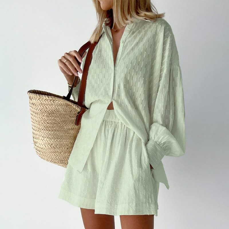 Damen lässiges Oversized Hemd mit Struktur und kurzen Hosen Drune