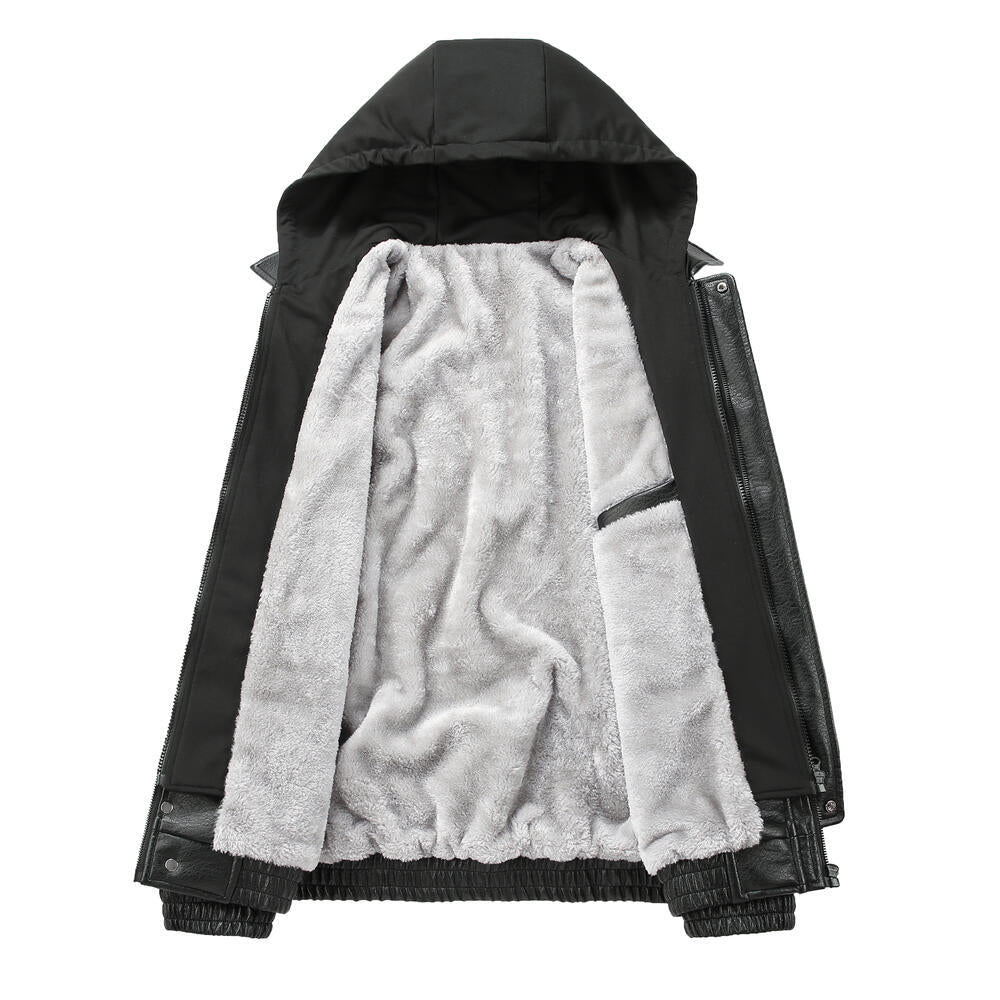 Herren Modische Kunstlederjacke mit Kapuze Drune