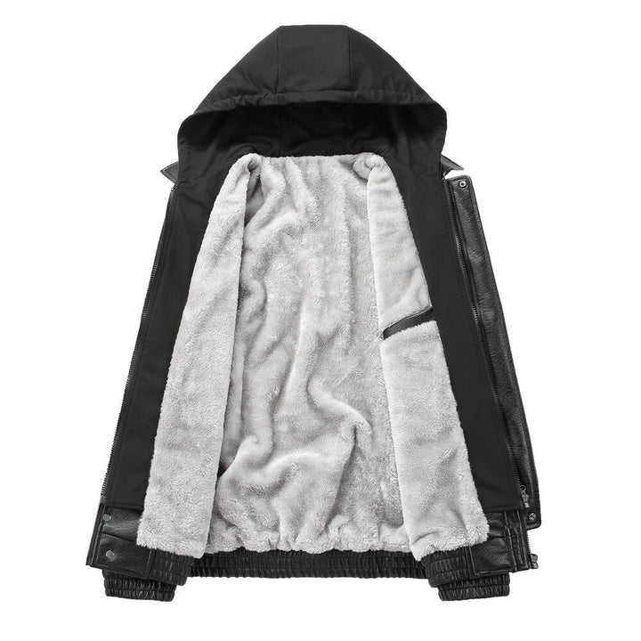 Herren Modische Kunstlederjacke mit Kapuze Drune
