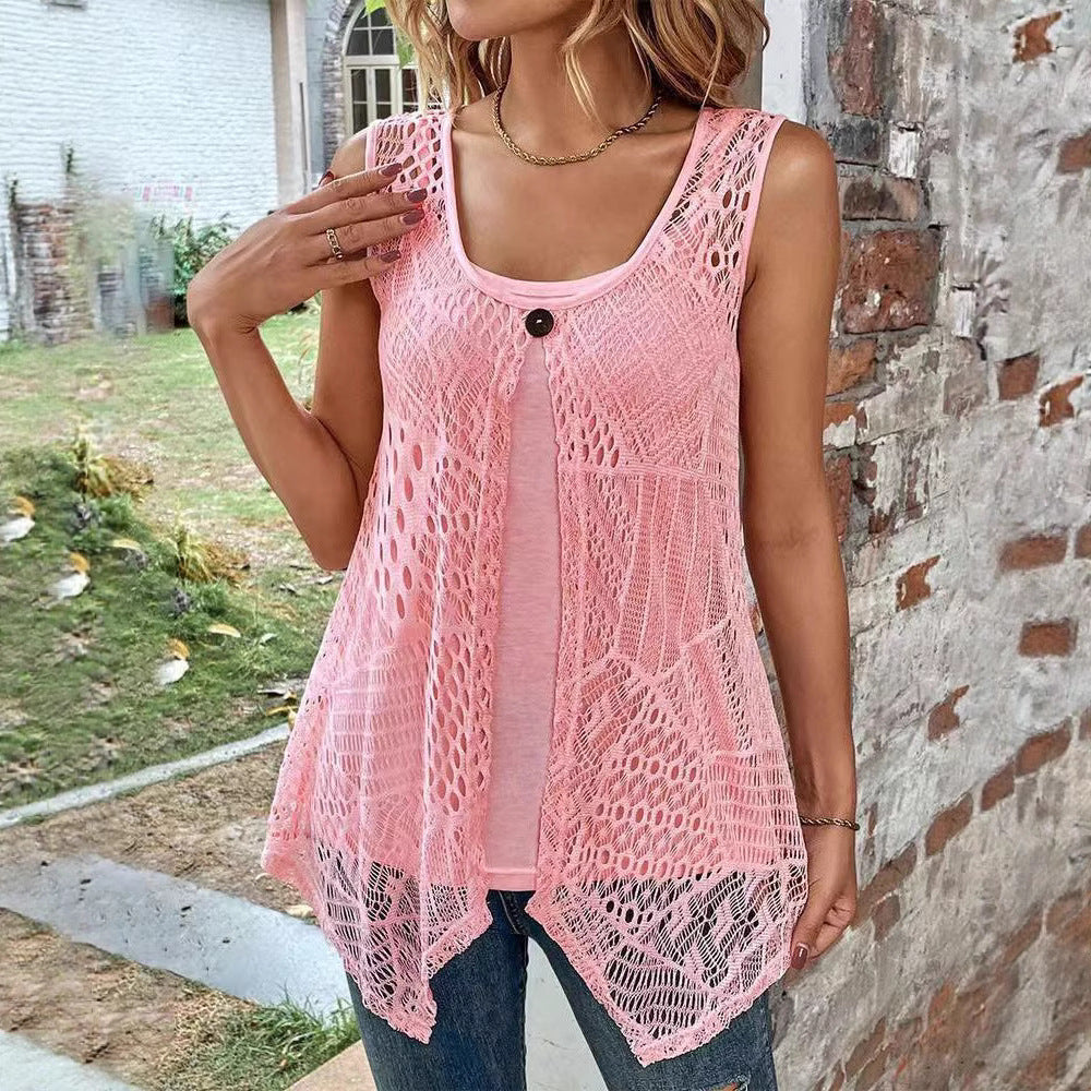 Damen nan gehäkeltes A-Linien-Oberteil mit asymmetrischem Zipfelsaum und integriertem Jersey-Untertop Drune