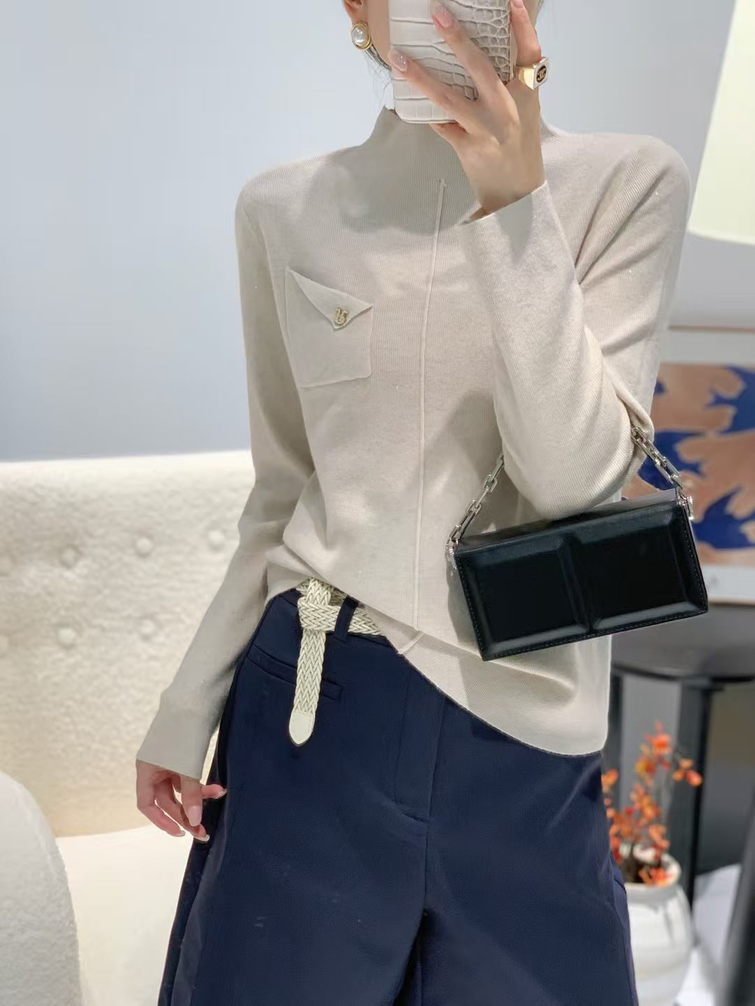 Damen Eleganter Pullover mit Stehkragen Drune