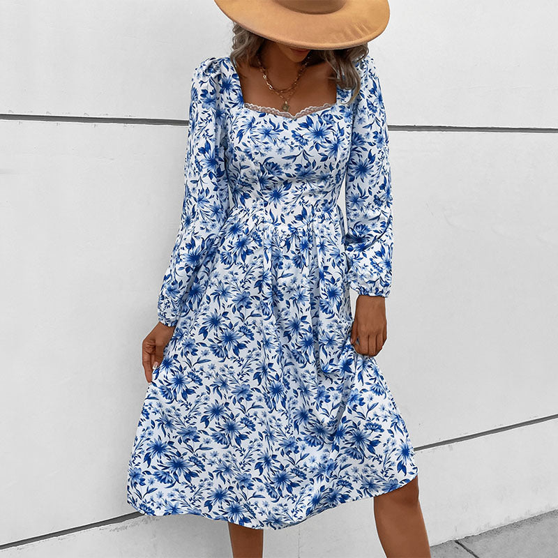Damen Blumiges Midi-Kleid mit schulterfreien Ärmeln Drune