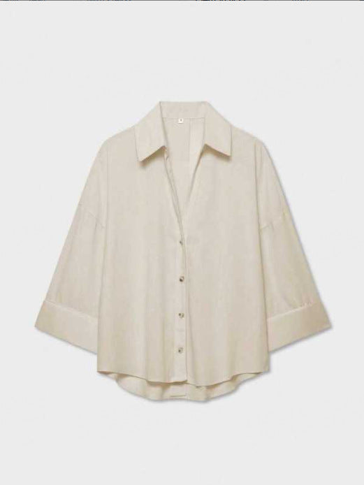 Damen Leichte Oversize Leinenoptik Bluse mit Dreiviertelärmeln und durchgehender Knopfleiste Drune
