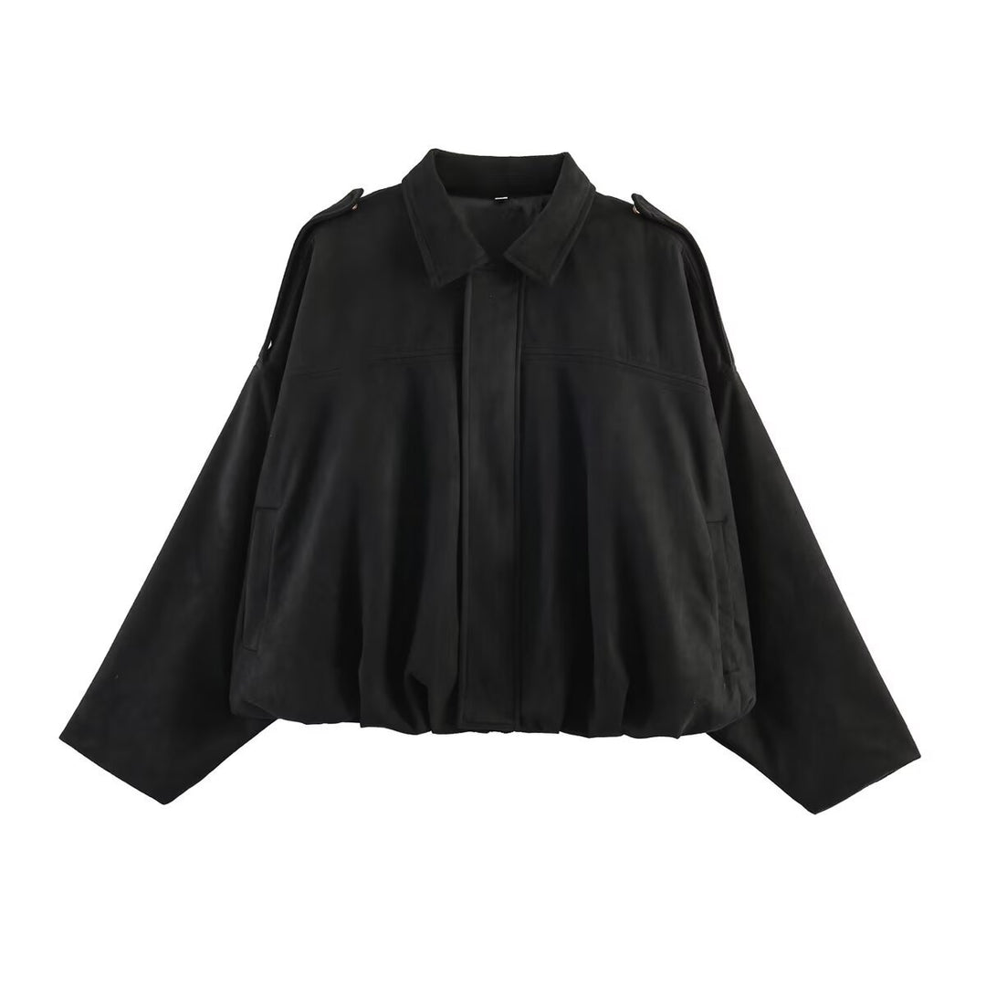 Damen Oversize-Suedejacke mit Schulterklappen, verdeckter Knopfleiste und elastischem Saum Drune