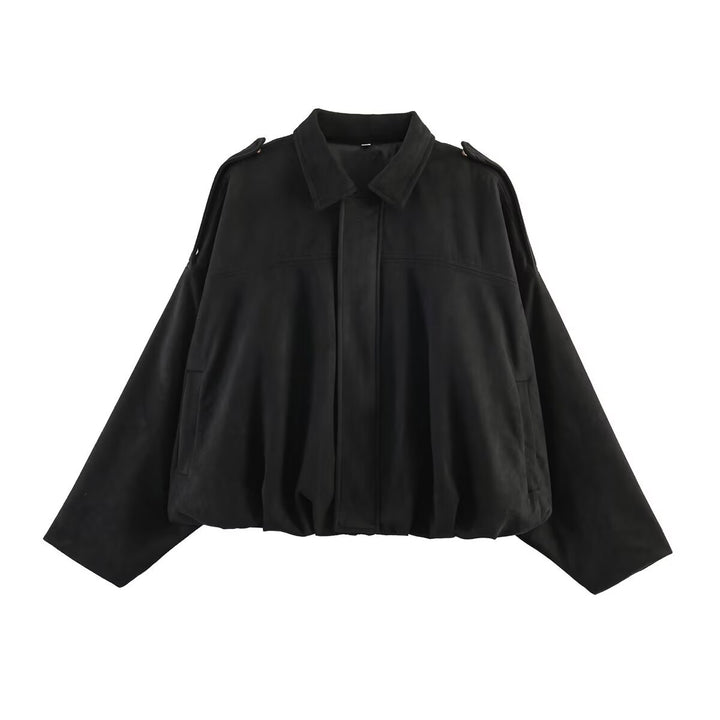 Damen Oversize-Suedejacke mit Schulterklappen, verdeckter Knopfleiste und elastischem Saum Drune