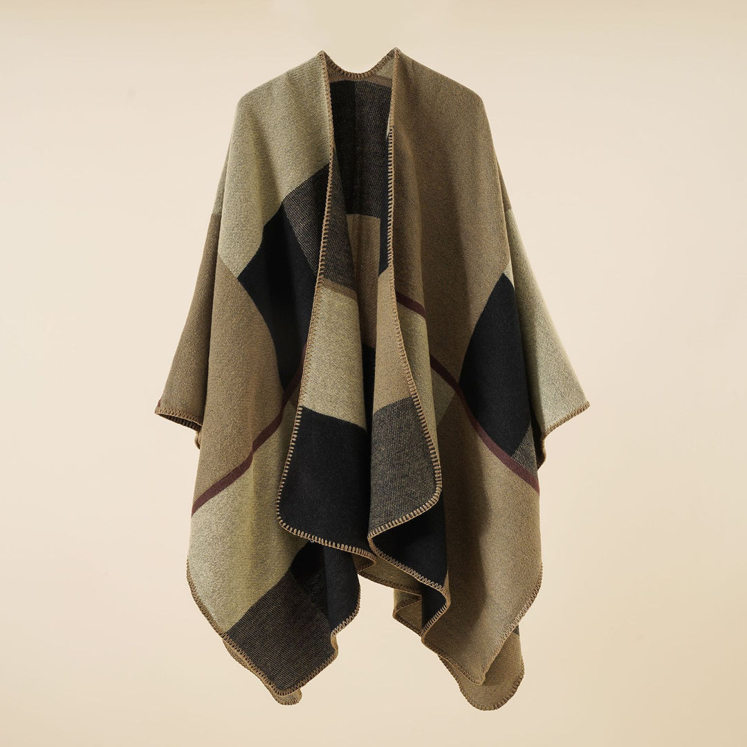 Damen Dreieckiger Strickponcho mit geometrischem Jacquardmuster und Ziernaht Drune
