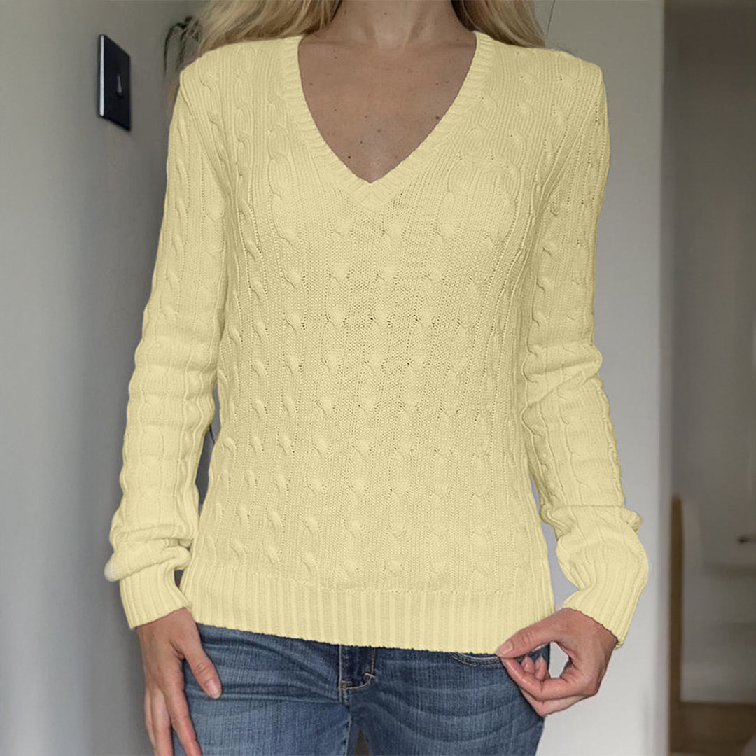 Damen nan Premium-Baumwollmix Zopfstrickpullover mit tiefem V-Ausschnitt und taillierter Silhouette Drune