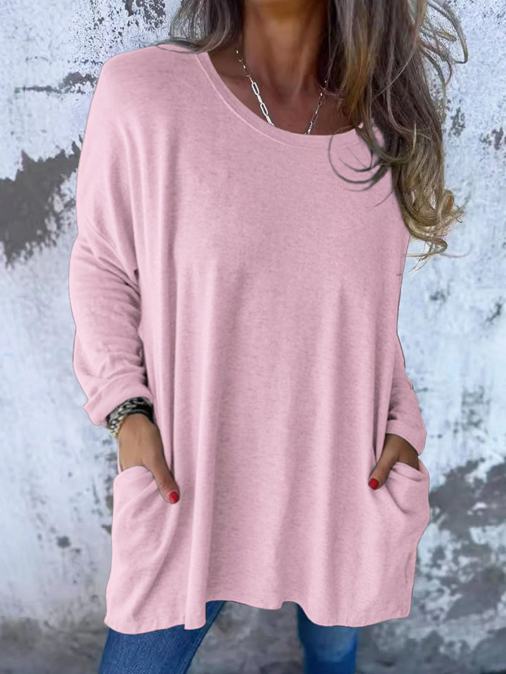 Damen Weiches Oversize Langarmshirt mit Rundhalsausschnitt, Lässigen Ärmeln und Seitentaschen Drune