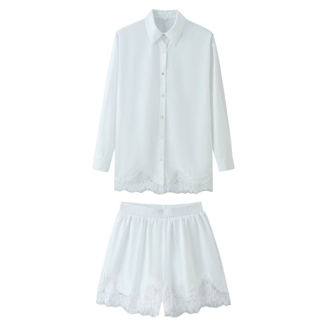 Damen Zweiteiliges Satin-Schlafanzug-Set mit Spitzenbesatz und Hemdjacke Drune