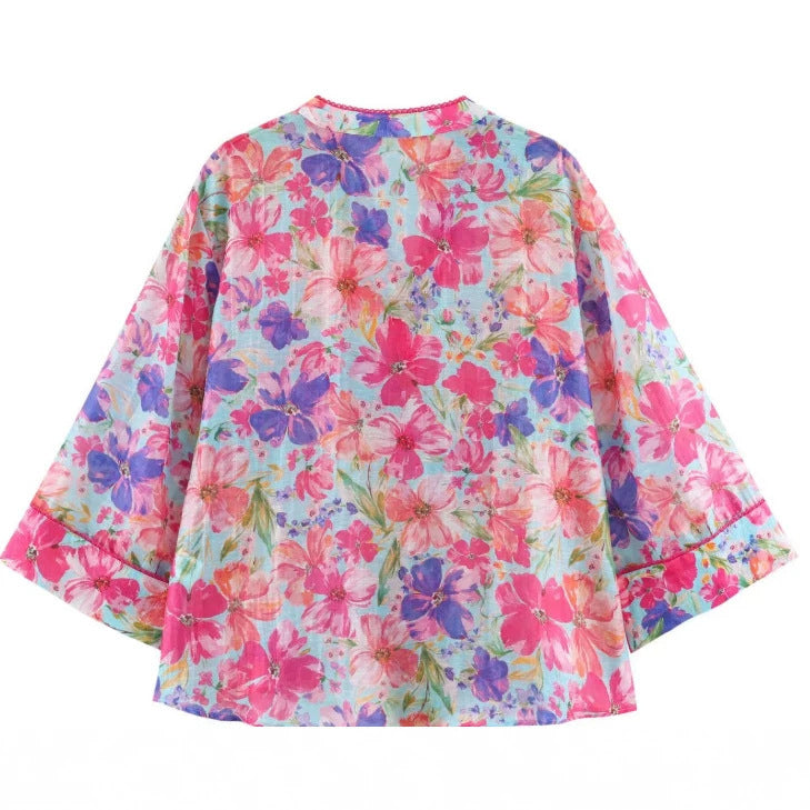 Damen Oversize‑Bluse mit leuchtendem Blumenprint, kastiger Silhouette und dreiviertelärmeln Drune