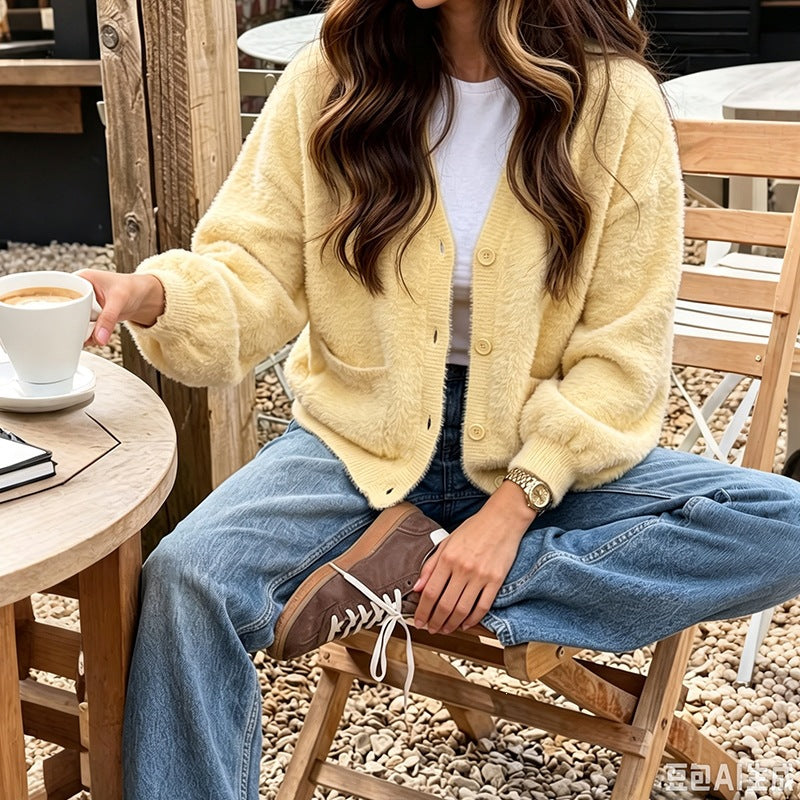 Damen Kuschelige Oversize-Cardigan aus Teddy-Fleece mit V-Ausschnitt, aufgesetzten Taschen & Rippbündchen Drune