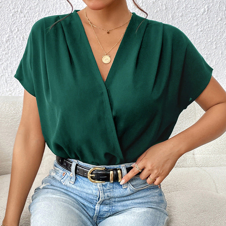 Damen Blusenshirt mit eleganter Wickeloptik und kurzen Ärmeln Drune