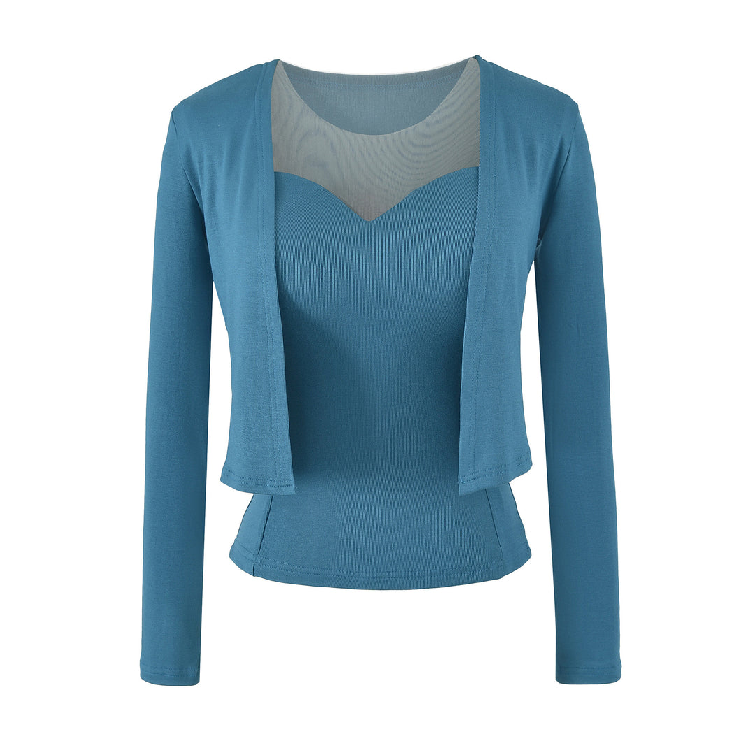 Damen Zweiteiliges Feinstrick-Top-Set mit Mesh-Einsatz und offenem Cardigan Drune