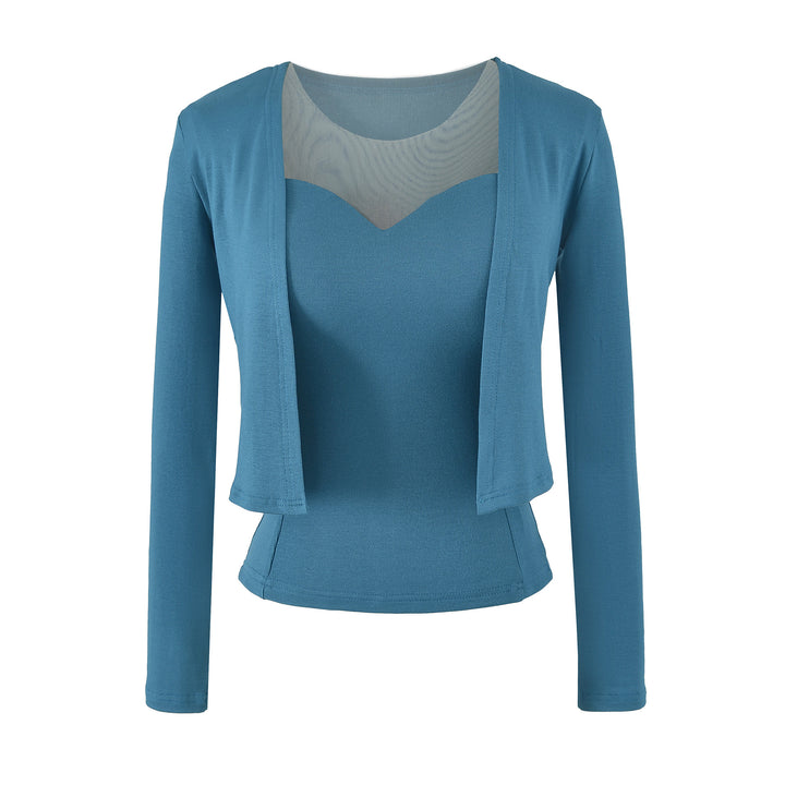 Damen Zweiteiliges Feinstrick-Top-Set mit Mesh-Einsatz und offenem Cardigan Drune