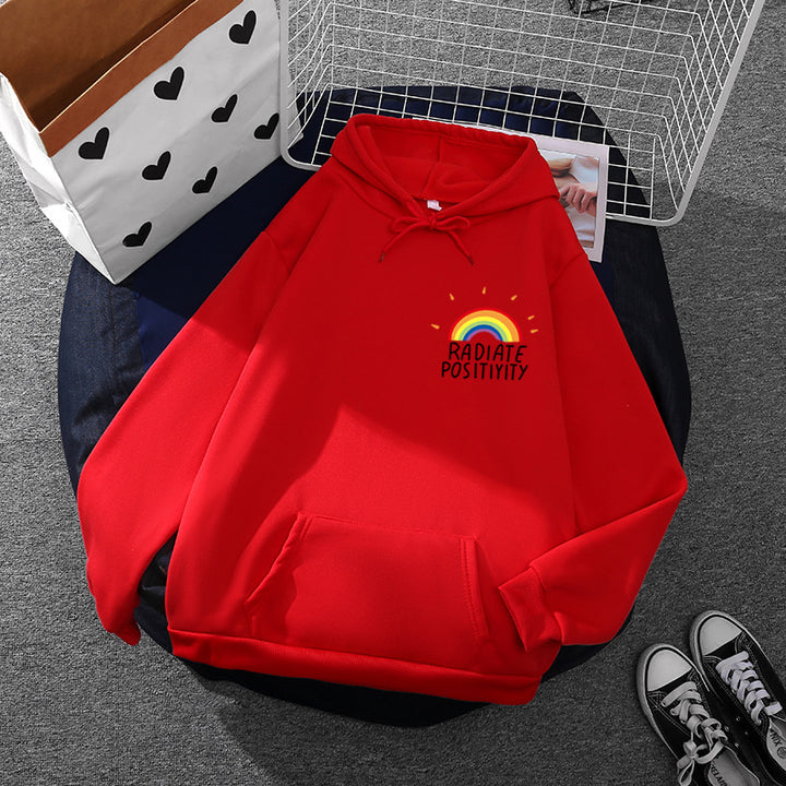 Damen nan lockerer Kapuzenpullover mit Regenbogen-Motiv, weichem Fleecefutter und Kängurutasche Drune