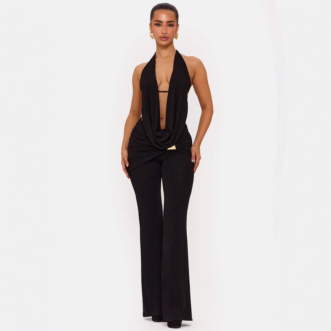 Damen elegantes, figurbetontes Jumpsuit mit tiefem Ausschnitt und weitem Bein Drune