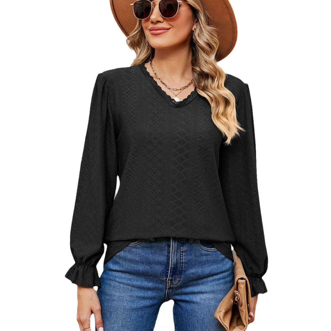 Damen elegantes Blusentop mit aufwendigem Lochmuster und lässigem Schnitt Drune