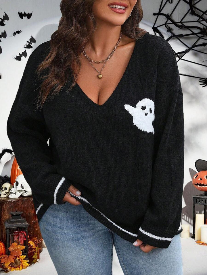 Damen Strickpullover mit Ghost-Motiv und V-Ausschnitt Drune