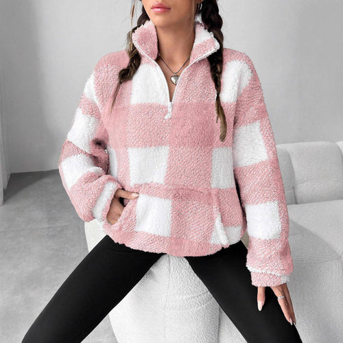 Damen nan kuscheliger Sherpa-Pullover mit Stehkragen, Half-Zip und Kängurutasche Drune