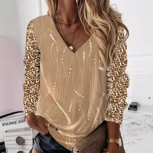 Damen Festliche V-Ausschnitt Bluse mit Paillettenärmeln und leichter Drapierung Drune