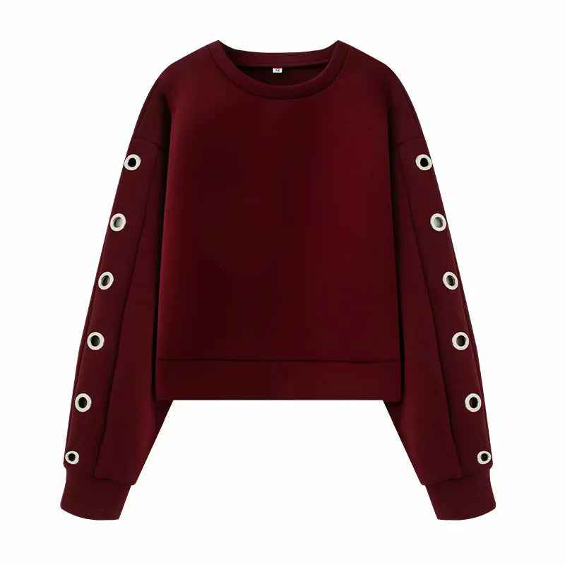 Damen nan kurzes Oversize Sweatshirt mit dekorativen Metallösen an den Ärmeln Drune