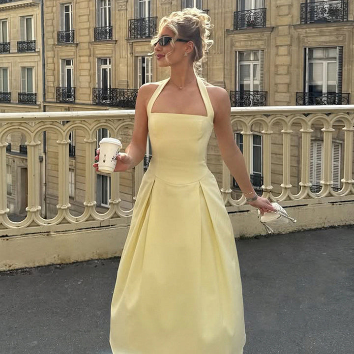 Damen elegantes A-Linien Kleid mit Spaghetti-Trägern und fließendem Saum Drune