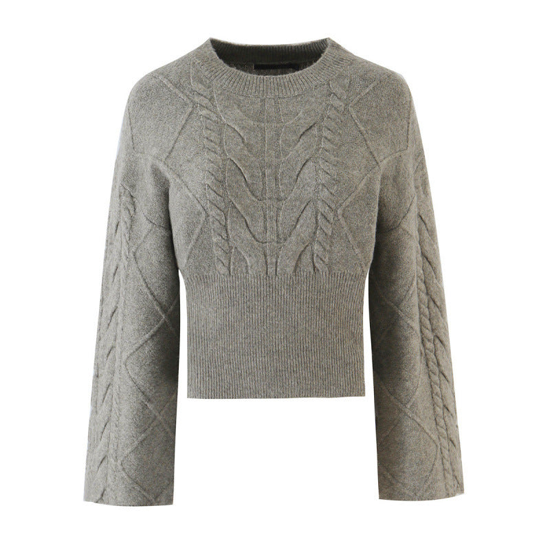 Damen Kurz geschnittener Zopfstrick-Pullover mit weitem Ärmel und geripptem Saum Drune