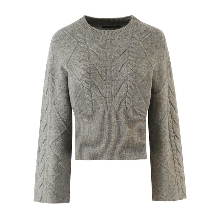 Damen Kurz geschnittener Zopfstrick-Pullover mit weitem Ärmel und geripptem Saum Drune