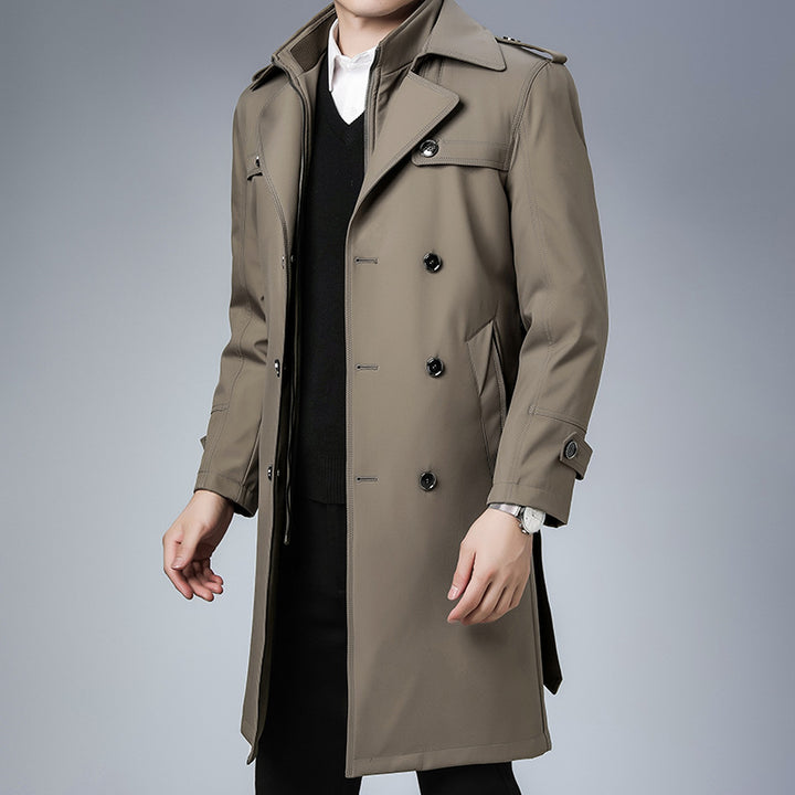 Herren Trenchcoat langer Doppelreiher mit Reverskragen und Epauletten Drune