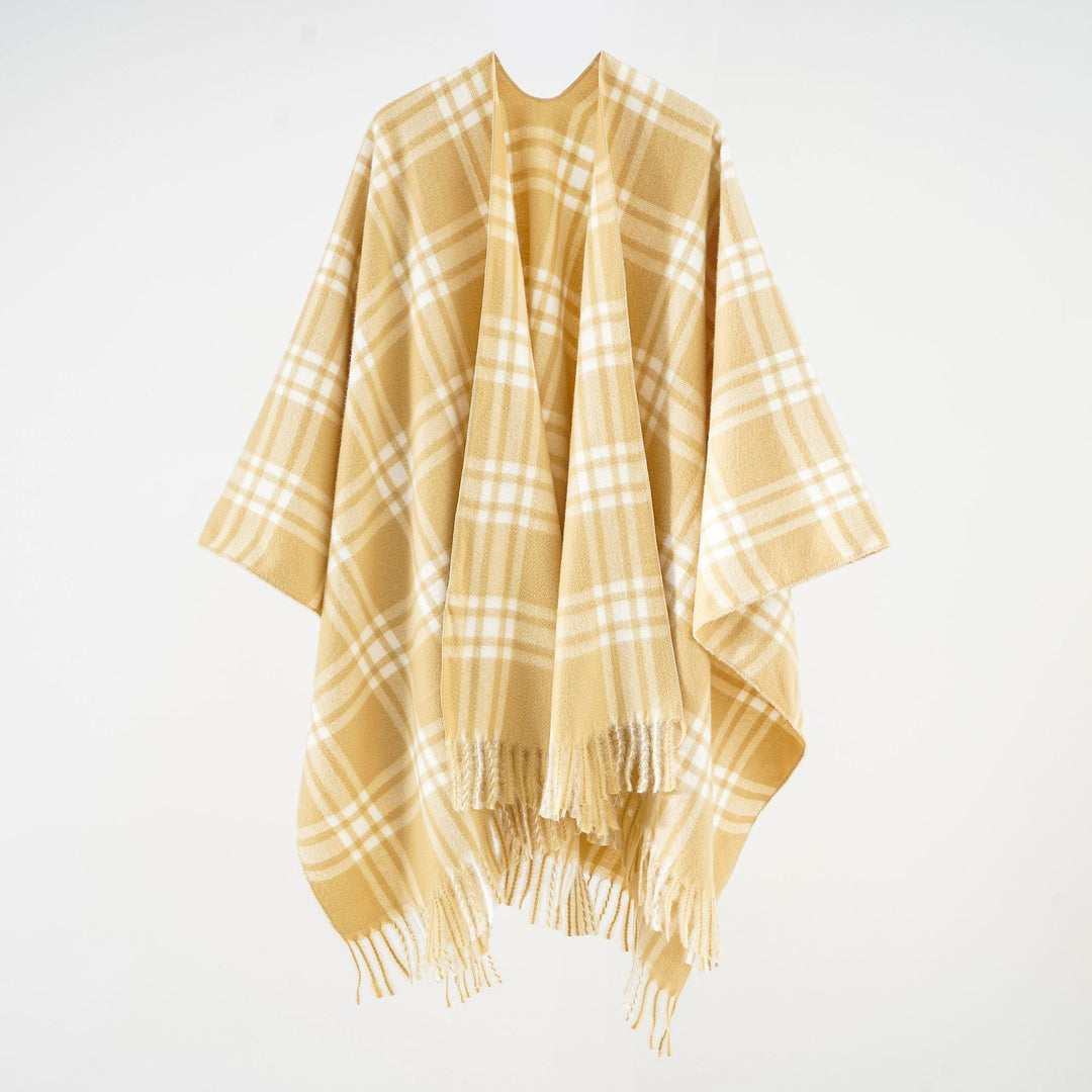 Damen Karierter Wollmix-Überwurf im Kimono‑Cape mit offener Front und Fransen Drune