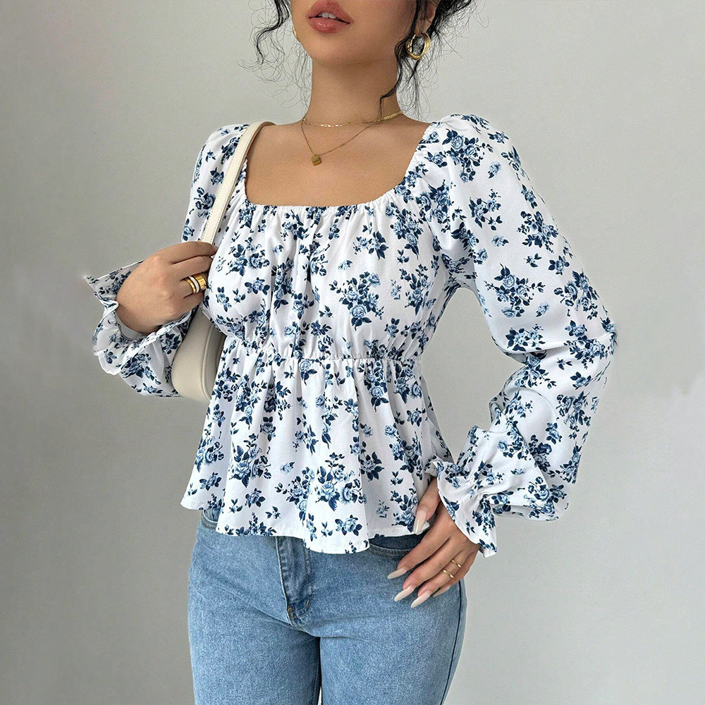 Damen geblümtes Carmen-Top mit geraffter Taillenlinie und Volant-Saum Drune