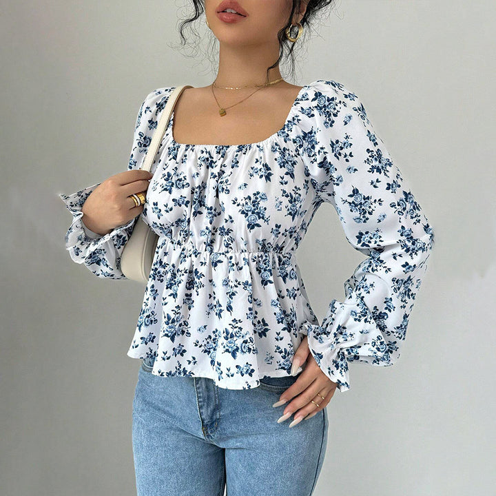 Damen geblümtes Carmen-Top mit geraffter Taillenlinie und Volant-Saum Drune