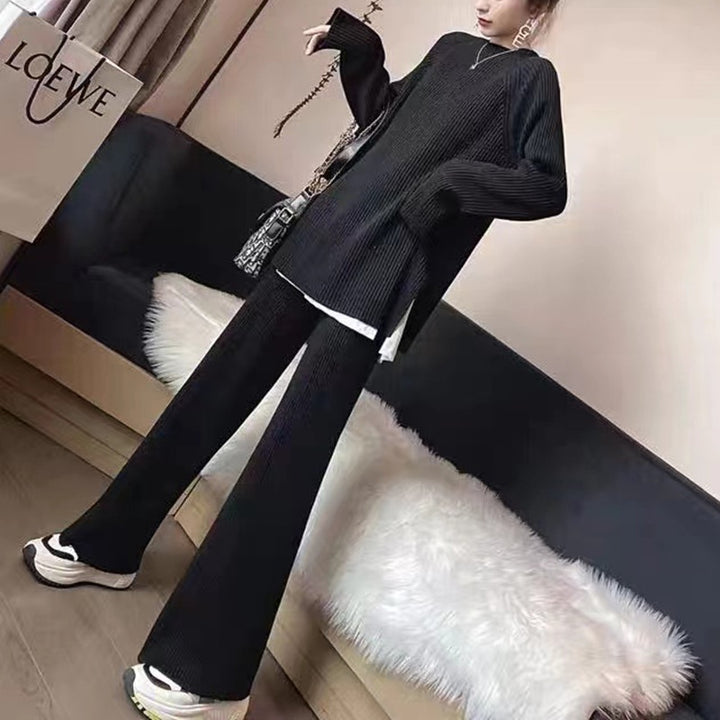 Damen modisches Strickensemble mit lässigem Pullover und weitem Hosenabschluss Drune