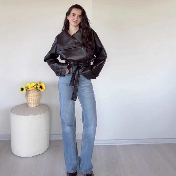 Damen 100+ Cropped Kunstleder-Trenchblouson mit doppelreihiger Knopfleiste und Taillengürtel Drune