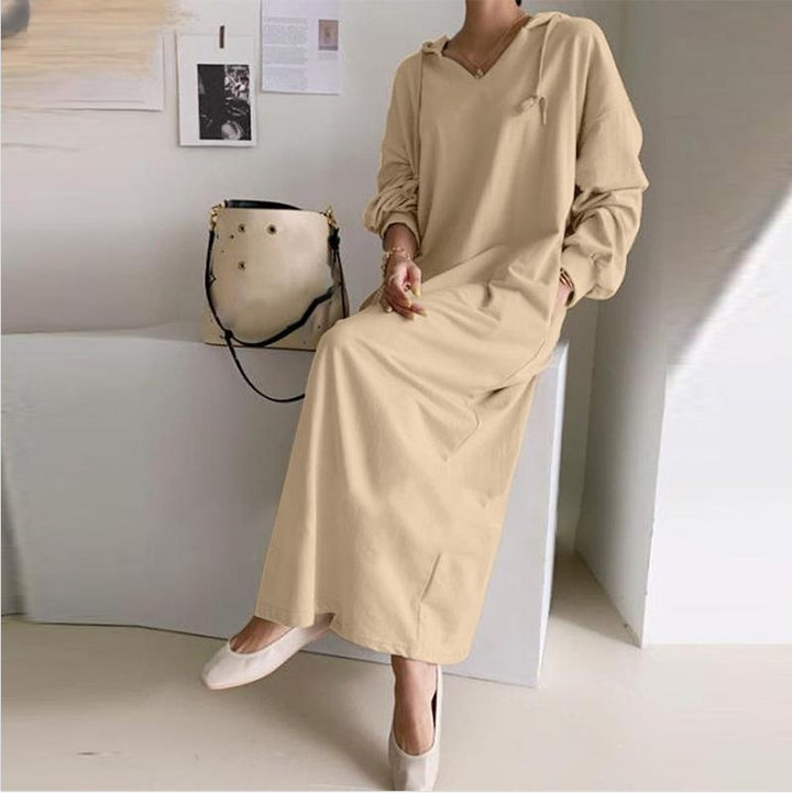 Damen nan lässiges Kapuzen-Maxikleid mit V-Ausschnitt, langen Ärmeln, lockerem geradem Schnitt und elastischen Bündchen Drune