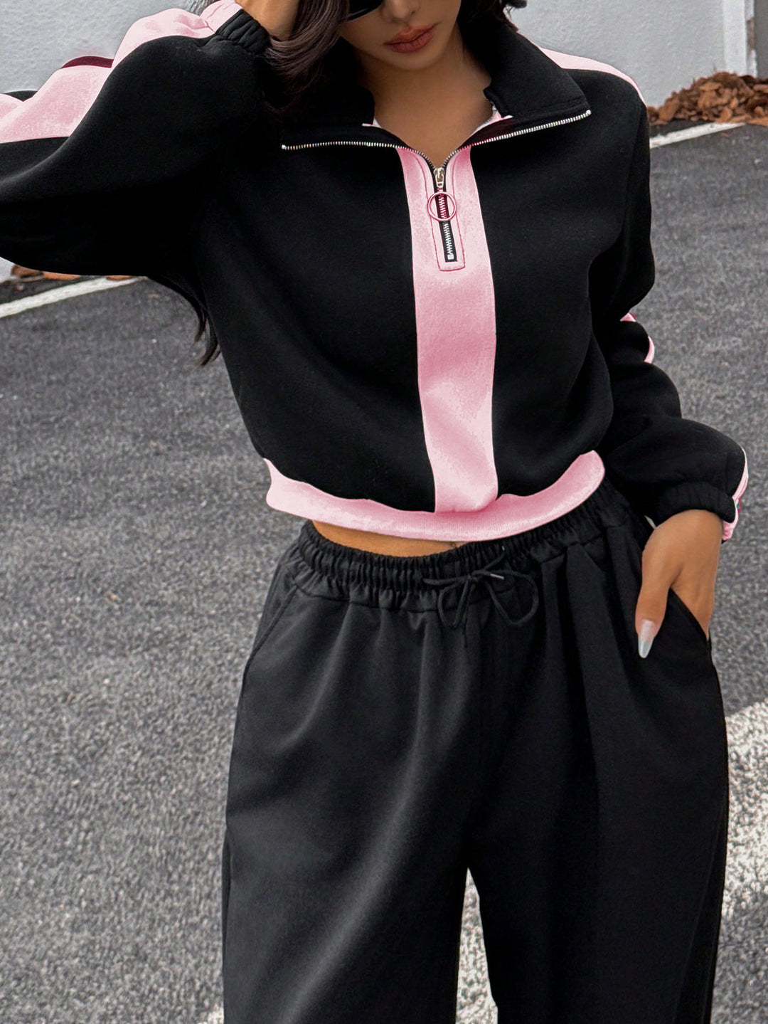 Damen kurzes Sweatshirt mit Halbreißverschluss und elastischer Bund Jogginghose Set Drune