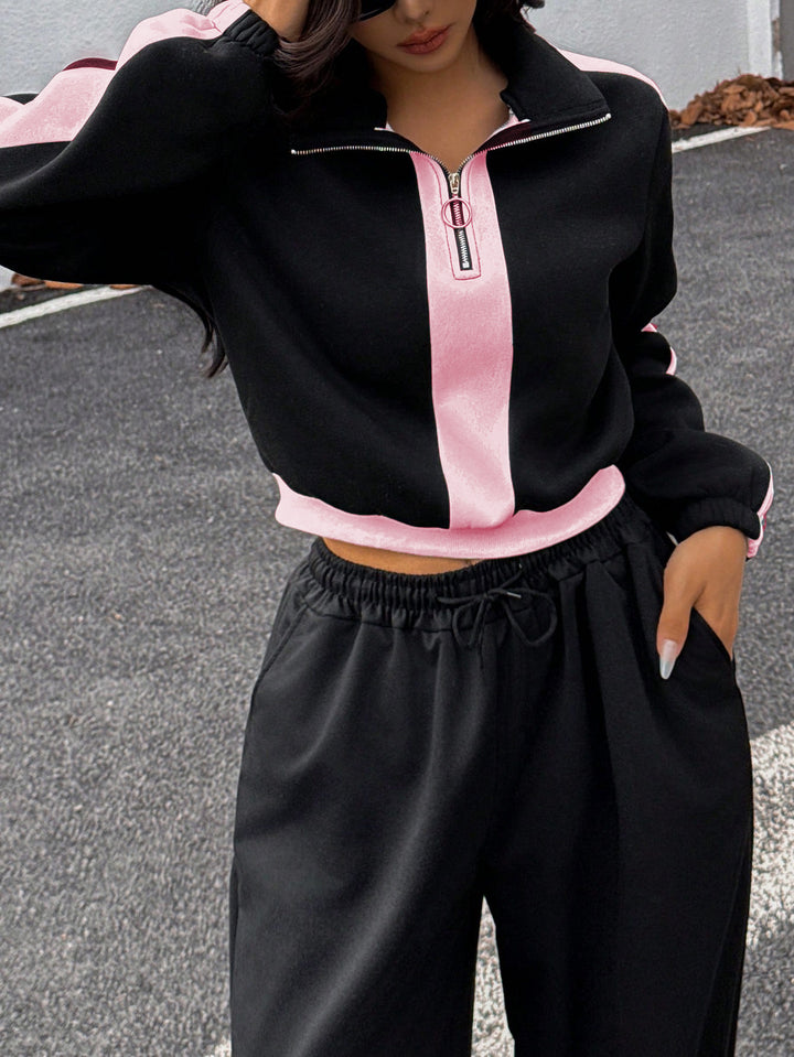 Damen kurzes Sweatshirt mit Halbreißverschluss und elastischer Bund Jogginghose Set Drune