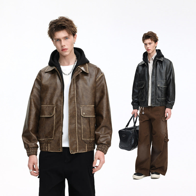 Herren Oversized Faux‑Leather Bomberjacke mit abnehmbarer Kapuze und Utility‑Taschen Drune