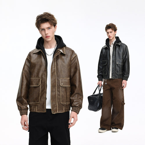 Herren Oversized Faux‑Leather Bomberjacke mit abnehmbarer Kapuze und Utility‑Taschen Drune